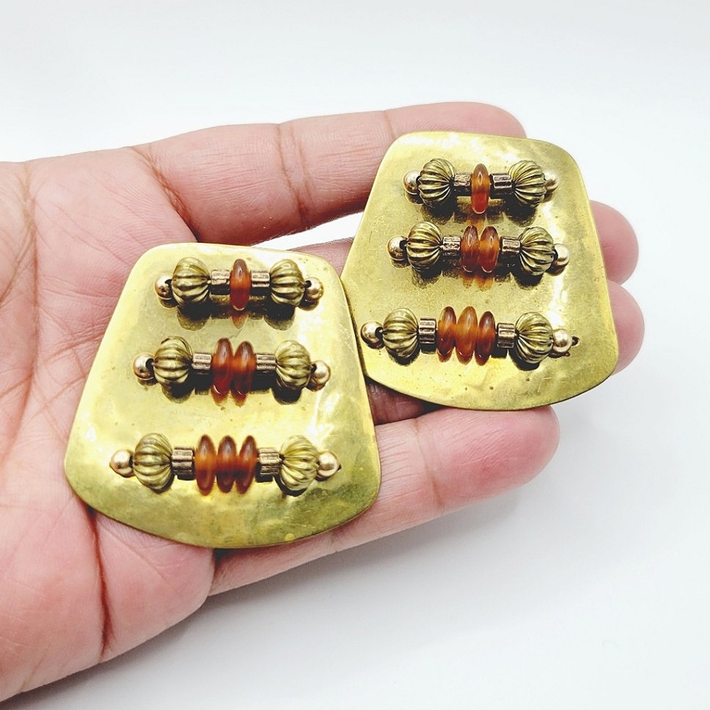 Huge Vintage Handmade Artisan Beaded Hammered Brass Statement Earrings